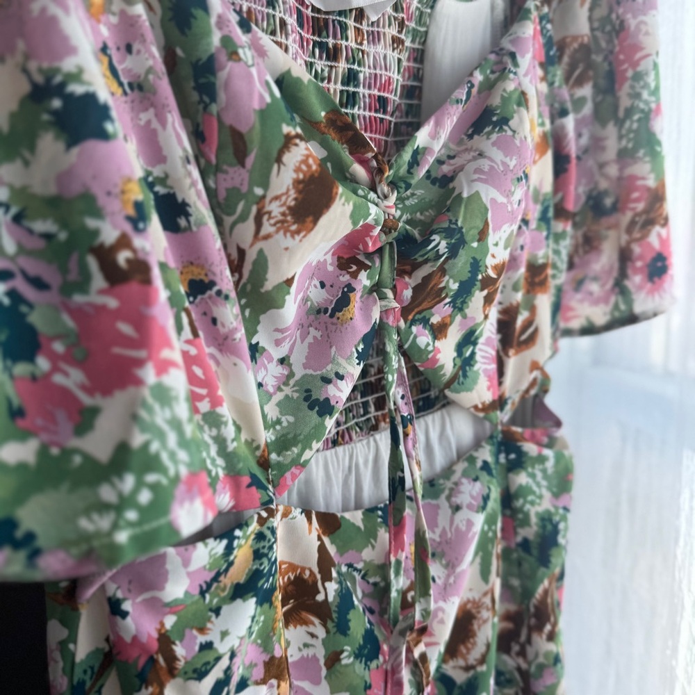 Floral Tie-Front Midi Dress Pastel Multi Floral Cutout sz s - Picture 5 of 12